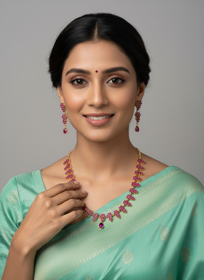 Gold-Plated Ruby Grapevine Cluster Necklace Set - Verdant Drops – Gold Plated Ruby Necklace Set - Model wearing – view 2