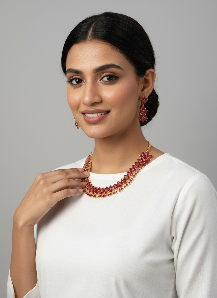 Gold-Plated Ruby Petal Cluster Necklace Set - Modern Festive Shine – Gold Plated Ruby Necklace Set - Elegant model – view 2