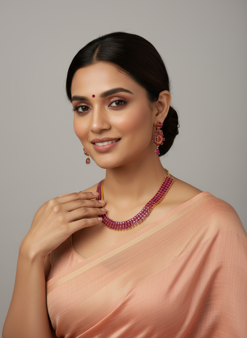 Gold-Plated Ruby Bar Necklace & Floral Earring Set - Regal Radiance – Gold Plated Ruby Necklace & Floral Earring Set – view 2