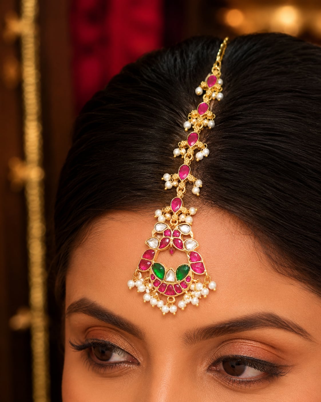 linear pearl-look chain jadau kundan maang tikka maang tikka only on jewellery display – view 2