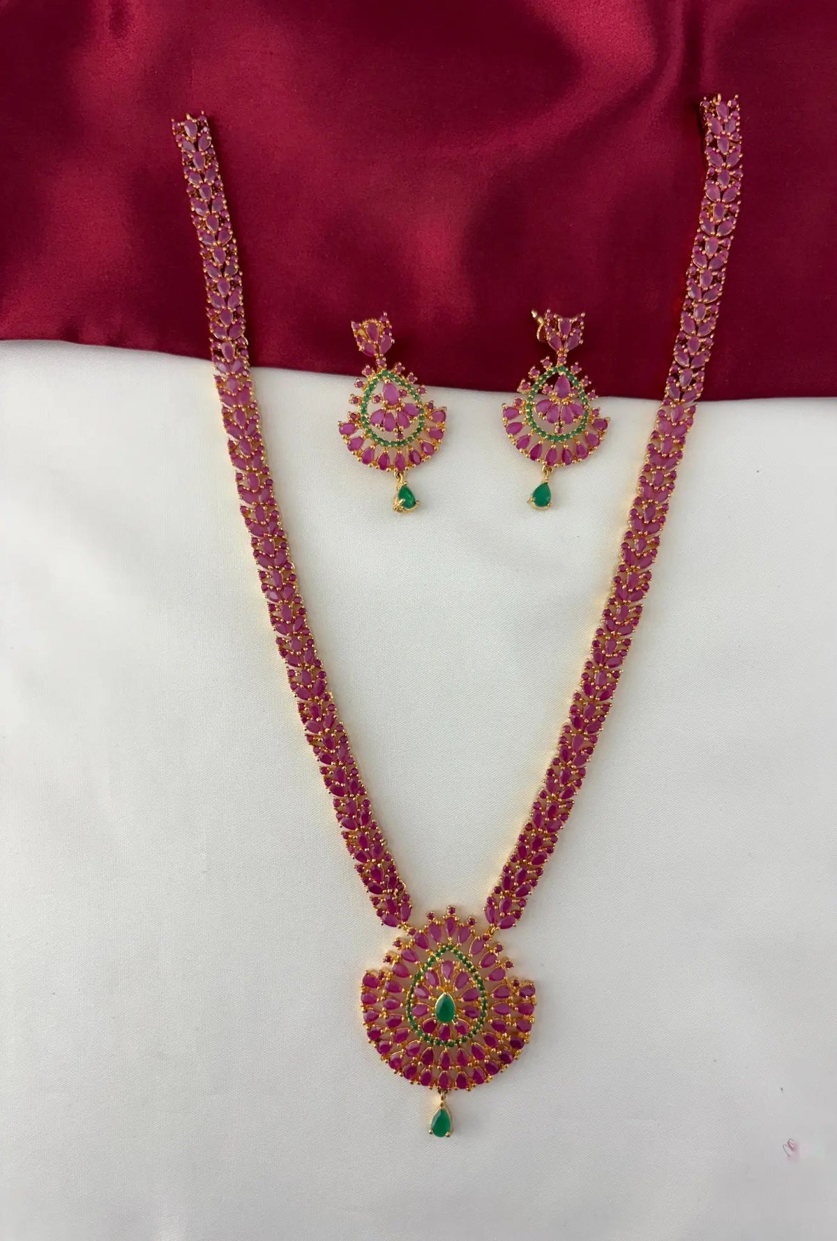 Long Saree Necklace Set with Ruby and Emerald Accents – Gold Plated Ruby Emerald Necklace Set - Full set view – front view