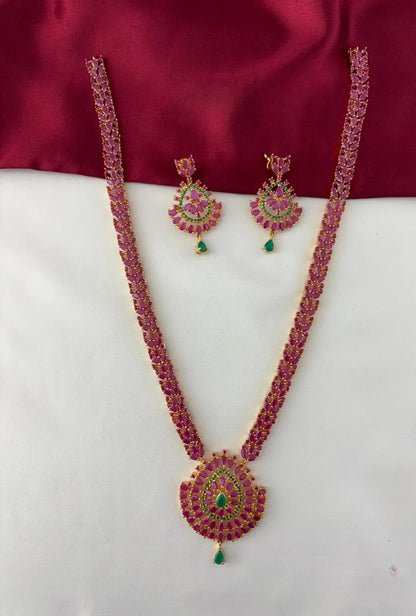 Long Saree Necklace Set with Ruby and Emerald Accents – Gold Plated Ruby Emerald Necklace Set - Full set view – front view