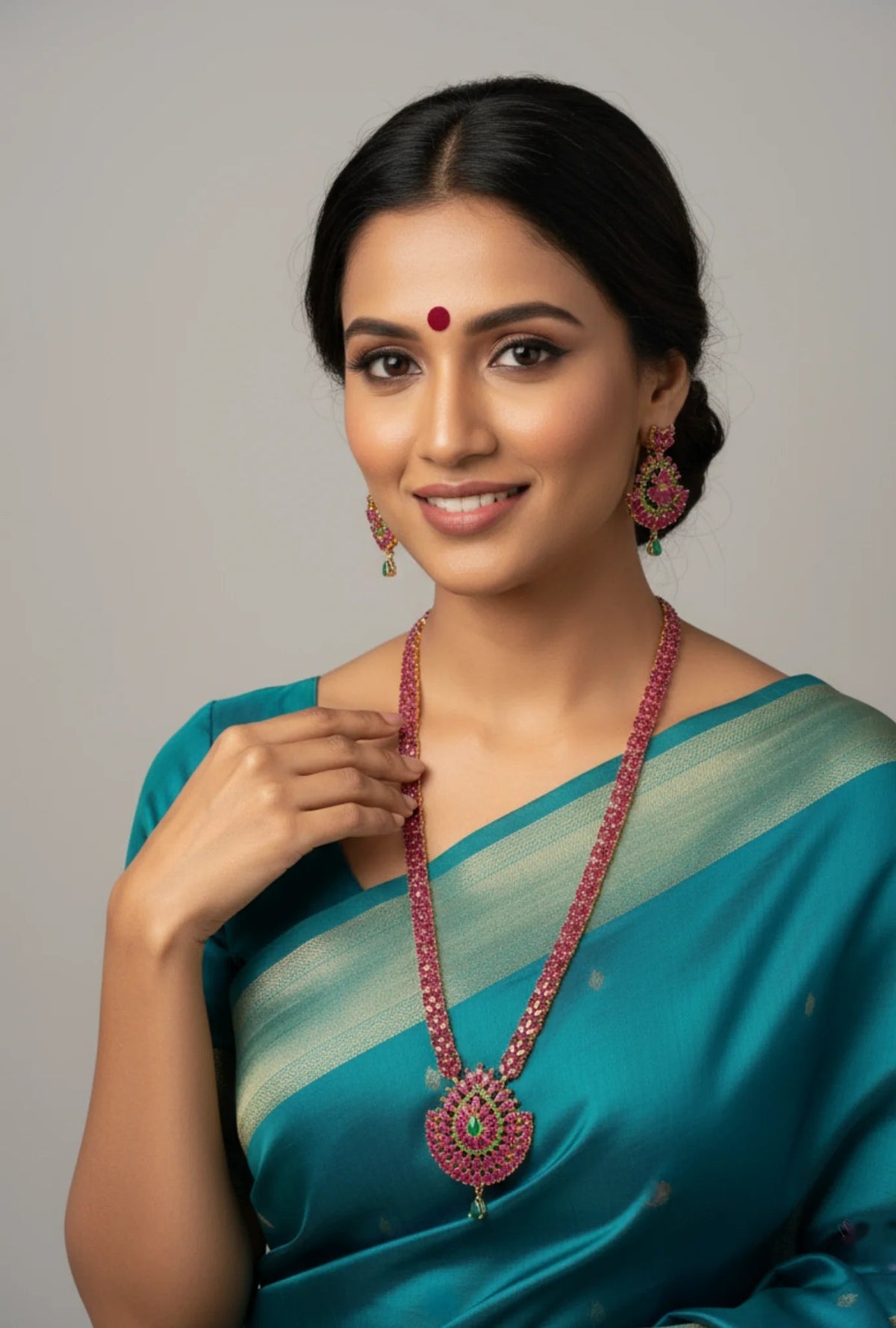 Long Saree Necklace Set with Ruby and Emerald Accents – Gold Plated Ruby Emerald Necklace Set - Model in traditional – view 2
