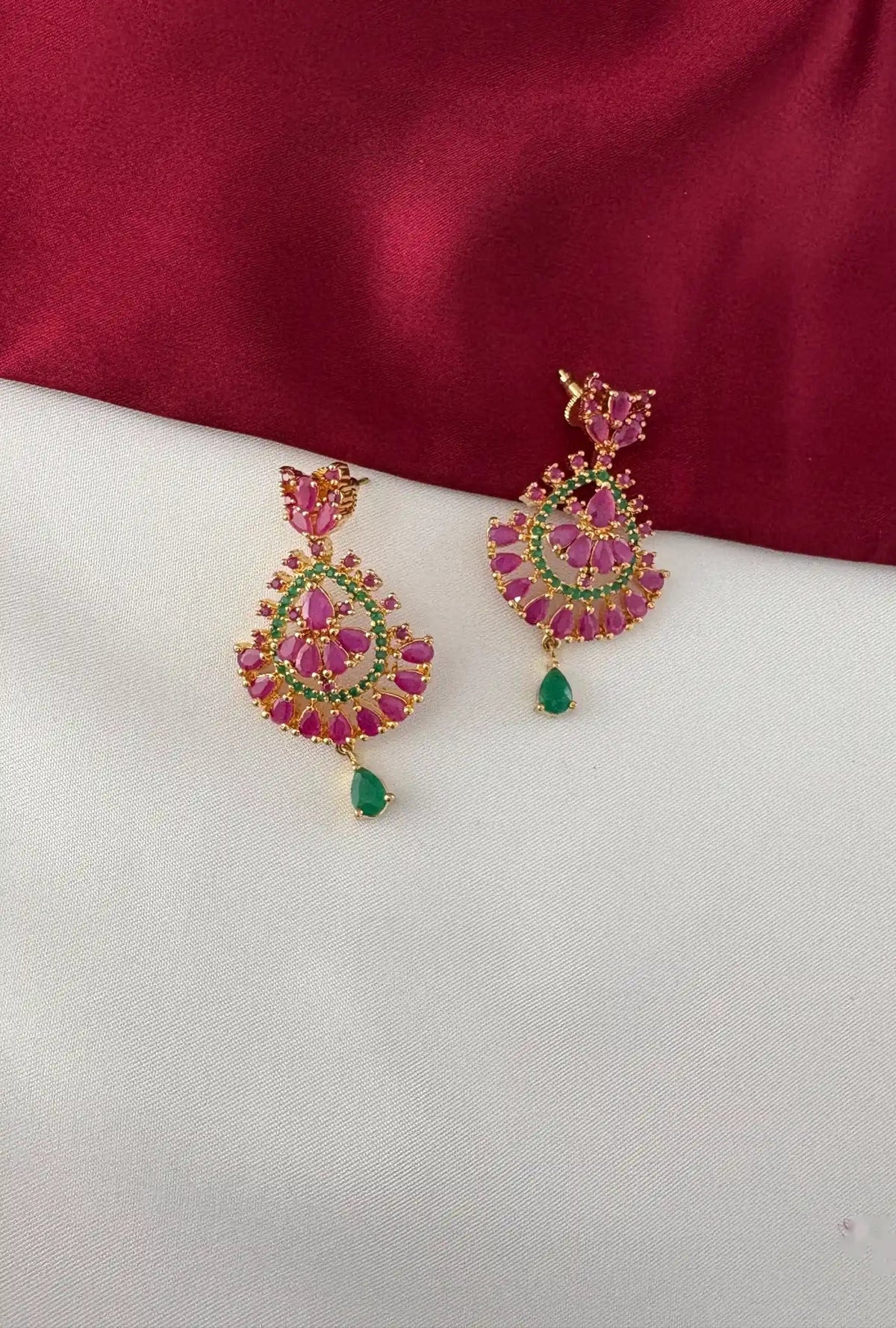 Long Saree Necklace Set with Ruby and Emerald Accents – Gold Plated Ruby Emerald Earrings - Close-up view of the – view 3
