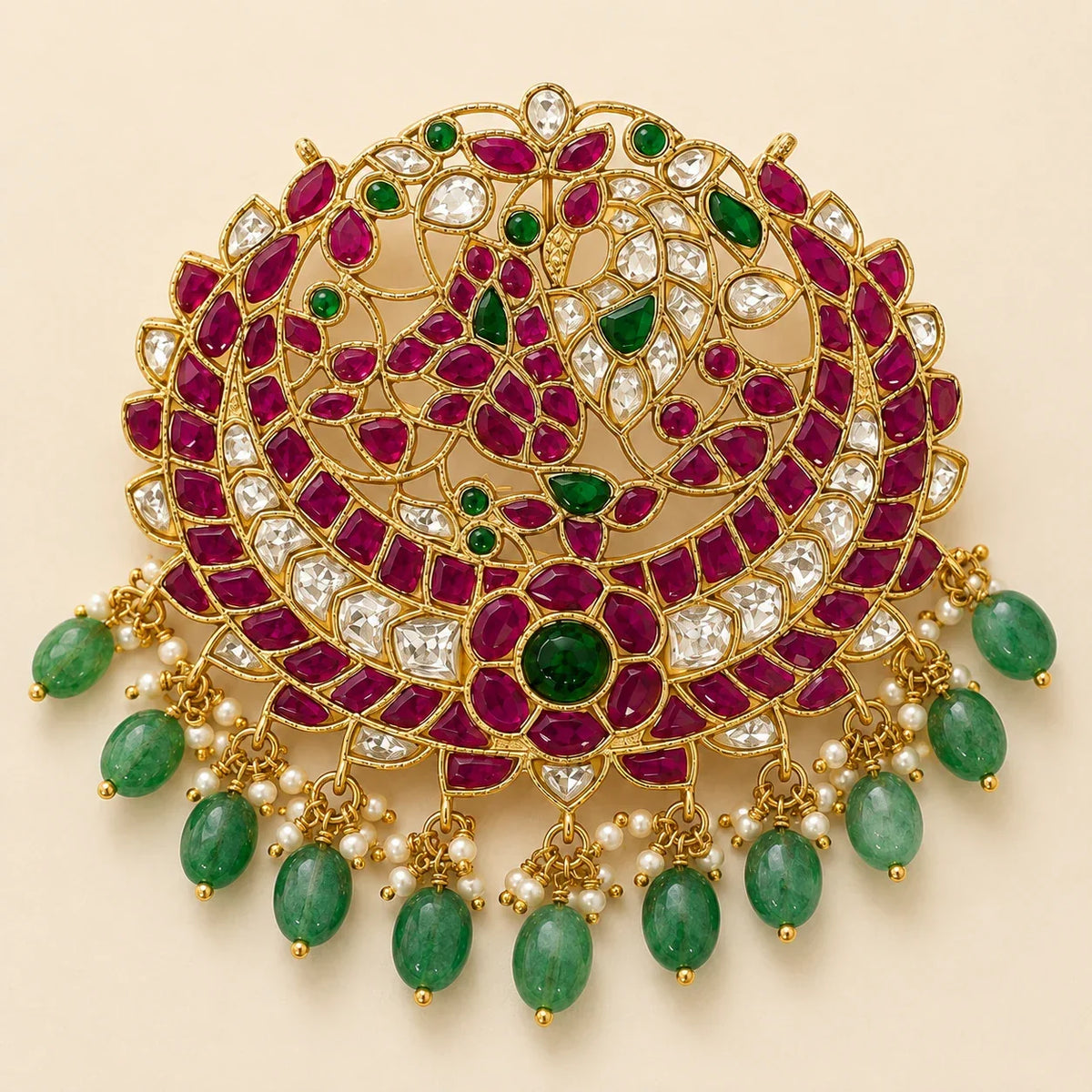 Jadau Kundan Manga Chandbali Peacock Pendant – Close view of the Manga Chandbali Jadau Kundan pendant showing its – view 5