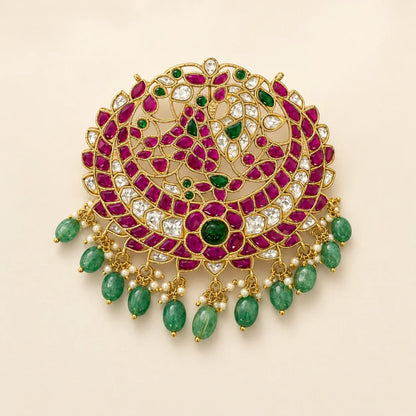 Jadau Kundan Manga Chandbali Peacock Pendant – Front view of Manga Chandbali Jadau Kundan peacock pendant with ruby-coloured