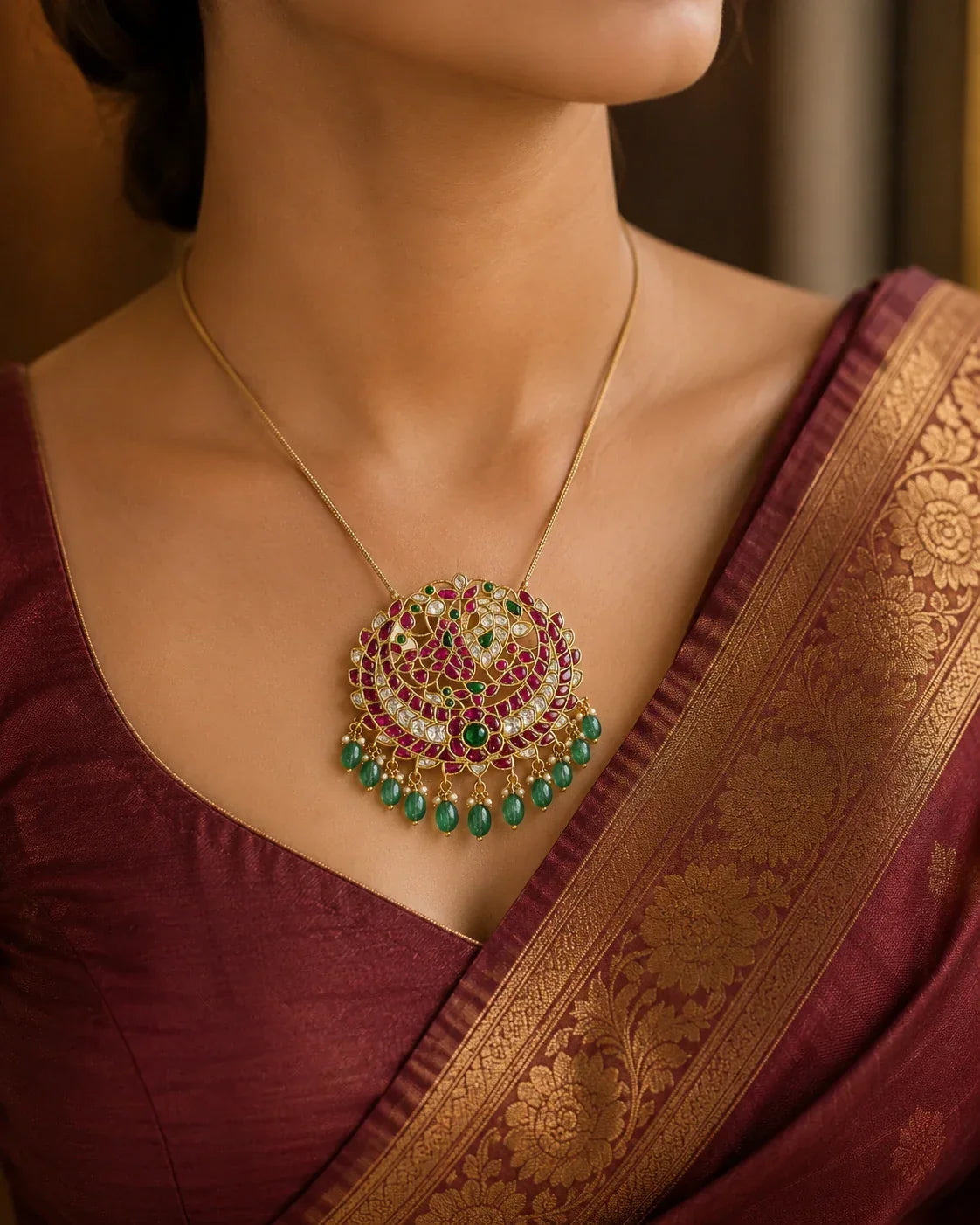Jadau Kundan Manga Chandbali Peacock Pendant – Model wearing the Manga Chandbali Jadau Kundan peacock pendant with a – view 2