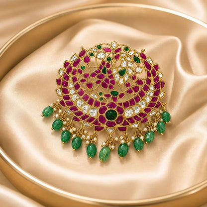 Jadau Kundan Manga Chandbali Peacock Pendant – Manga Chandbali Jadau Kundan peacock pendant displayed on ivory satin – view 3
