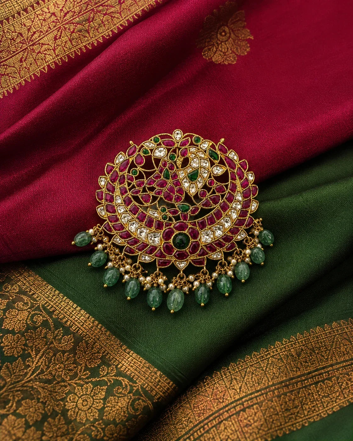 Jadau Kundan Manga Chandbali Peacock Pendant – Manga Chandbali Jadau Kundan peacock pendant styled on maroon and – view 4