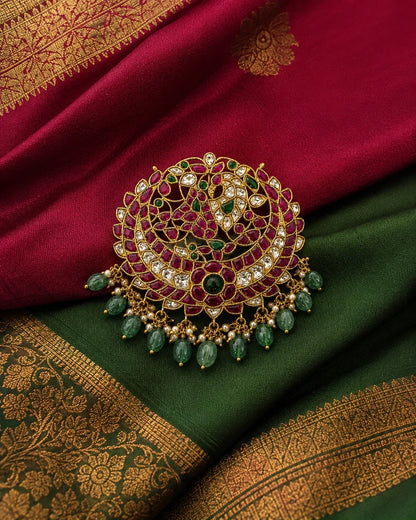 Jadau Kundan Manga Chandbali Peacock Pendant – Manga Chandbali Jadau Kundan peacock pendant styled on maroon and – view 4