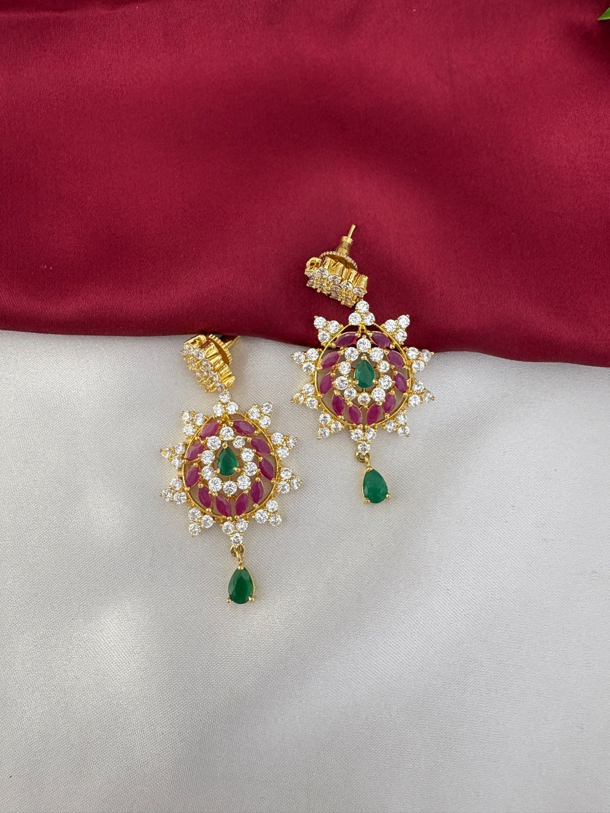 Ruby Emerald White AD Long Necklace & Earring Set – ruby-tone, emerald-tone and white AD long necklace set, matching – view 2