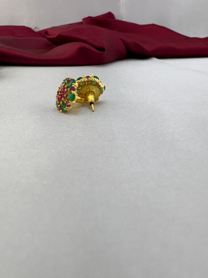 Orchard Bloom Green & Pink AD Stud Earrings – Orchard Bloom apple green bright pink AD tops side view showing gold – view 2