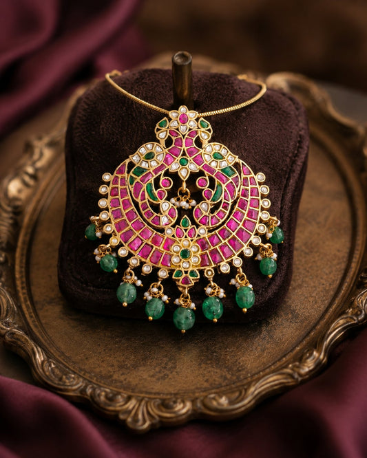 jadau kundan Mayur Chandrika Twin Peacock Crescent Pendant - front view