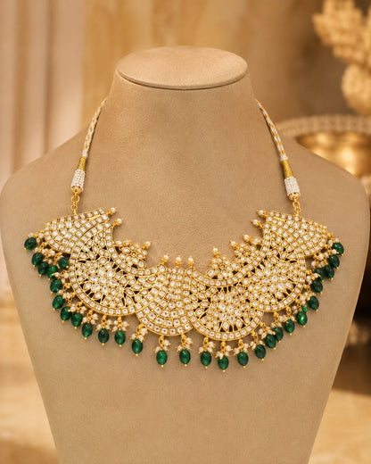 pearl-look cluster crescent jadau kundan necklace for pattu saree styling – front view