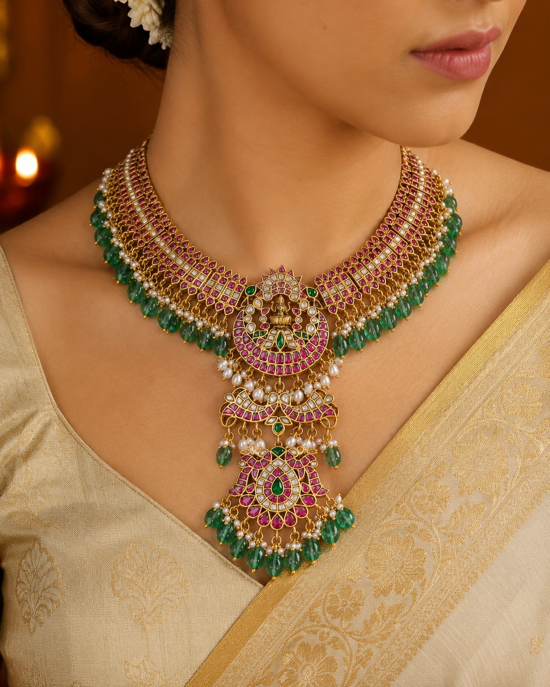 pearl-look-detail jadau kundan necklace on jewellery display – view 2