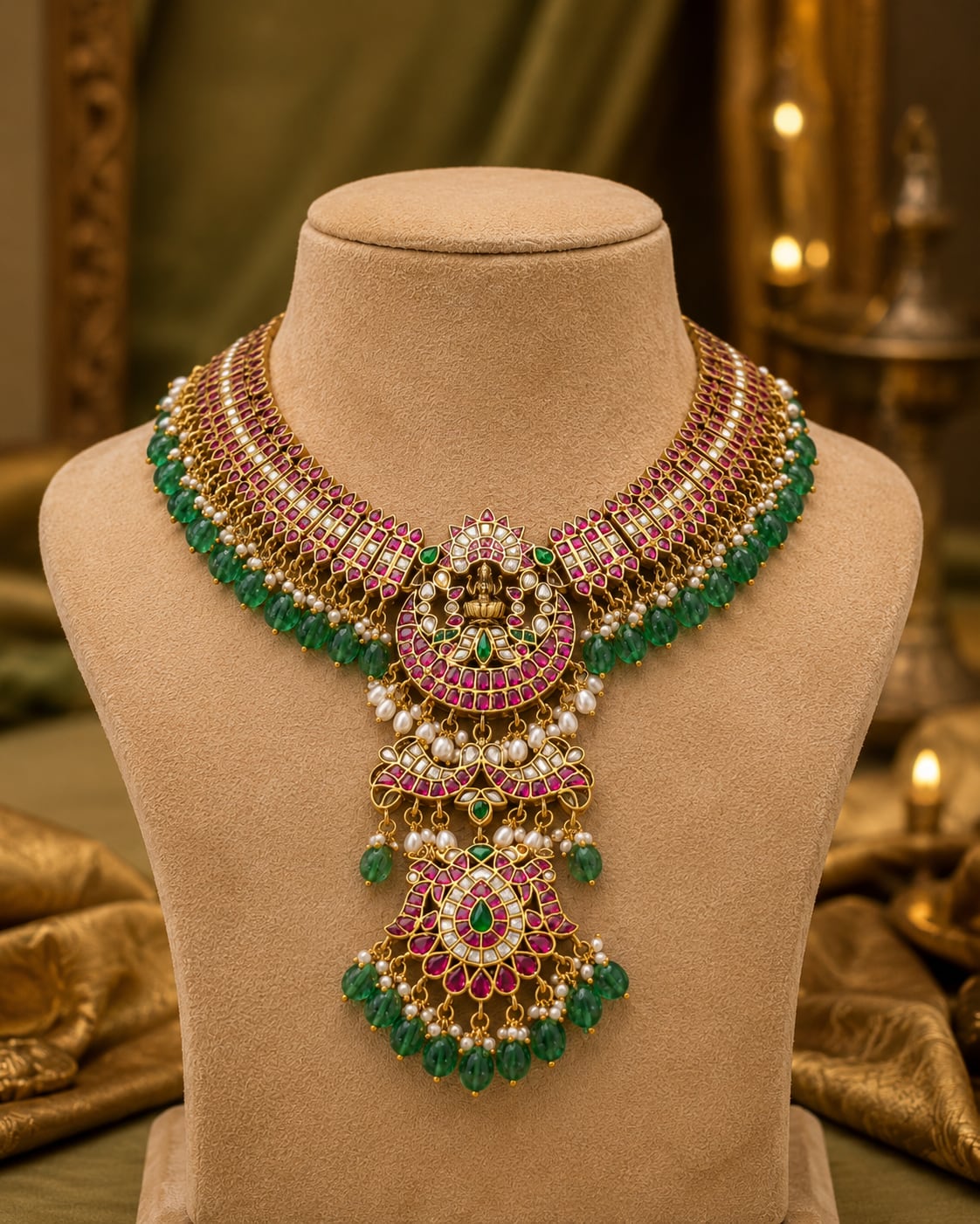 pearl-look-detail jadau kundan necklace for pattu saree styling – front view