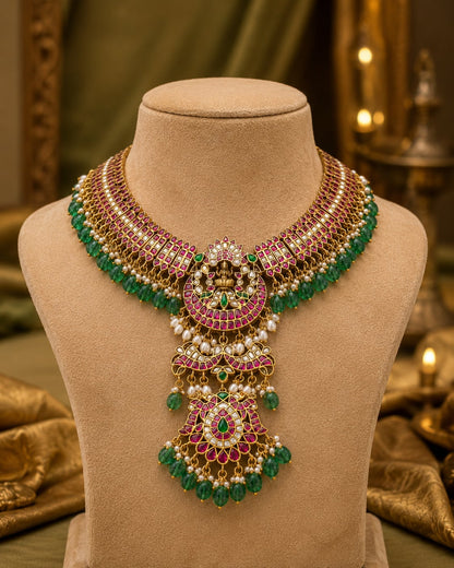 pearl-look-detail jadau kundan necklace for pattu saree styling – front view