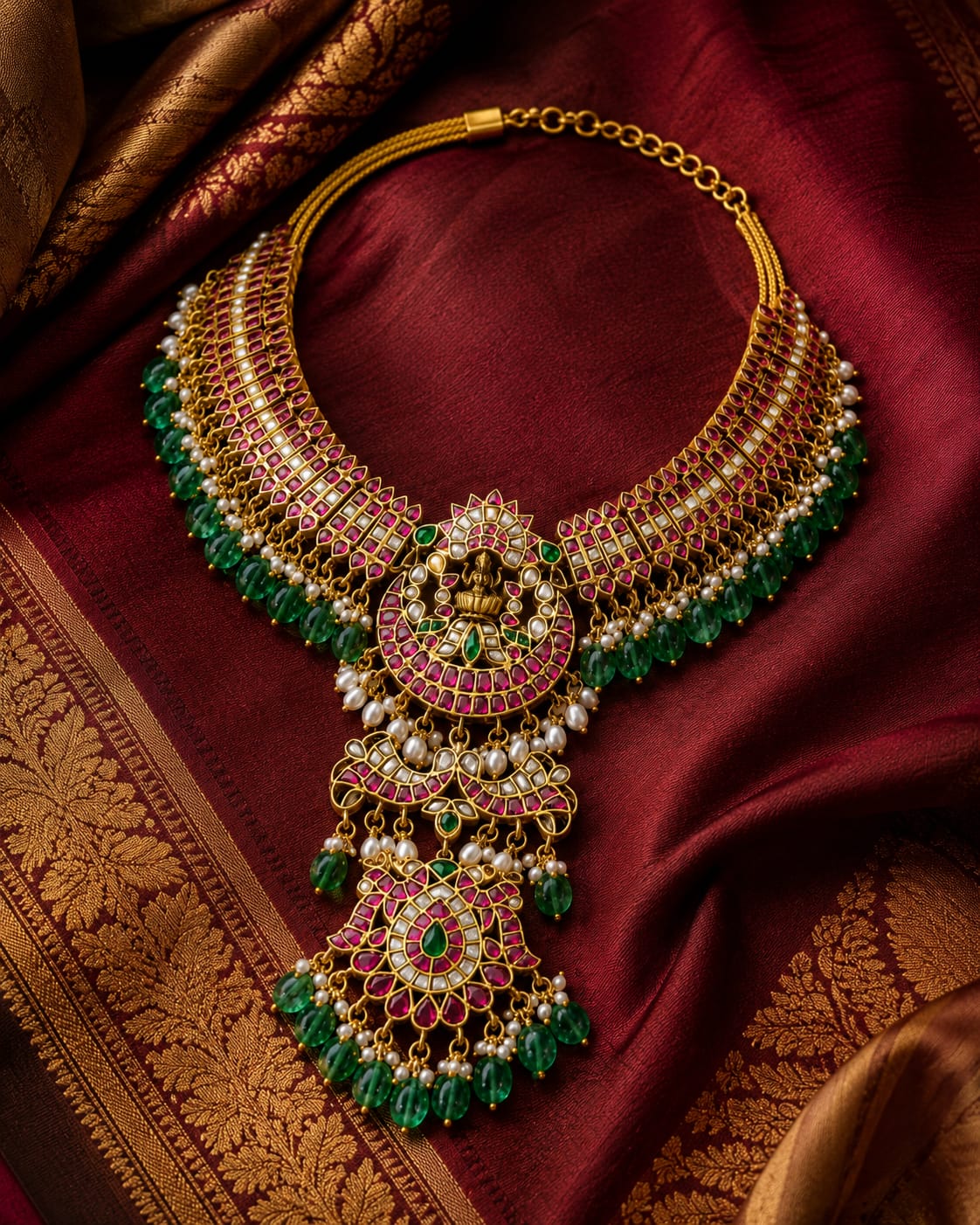 pearl-look-detail jadau kundan necklace styled with saree fabric – view 4