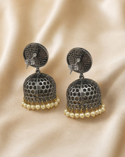 Two-Tone Victorian-Style CZ Jhumka Earrings with Pearl-Look Fringe – pearl-look jhumka earrings rear view showing – view 6