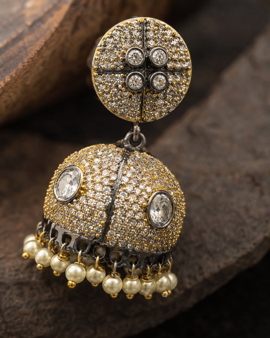 Two-Tone Victorian-Style CZ Jhumka Earrings with Pearl-Look Fringe – pearl-look jhumka earrings stone setting – view 4