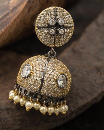 Two-Tone Victorian-Style CZ Jhumka Earrings with Pearl-Look Fringe – pearl-look jhumka earrings stone setting – view 4