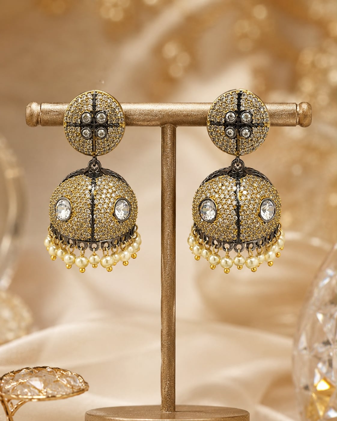 Two-Tone Victorian-Style CZ Jhumka Earrings with Pearl-Look Fringe – pearl-look jhumka earrings on jewellery – front view