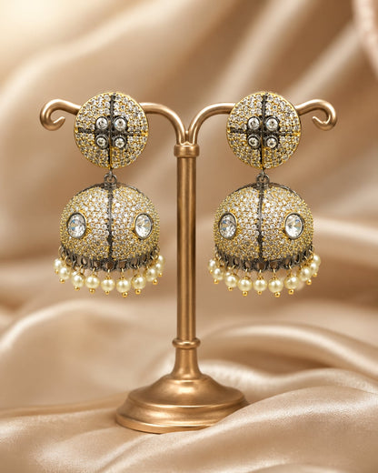 Two-Tone Victorian-Style CZ Jhumka Earrings with Pearl-Look Fringe – pearl-look jhumka earrings for sarees, kurtas – view 5