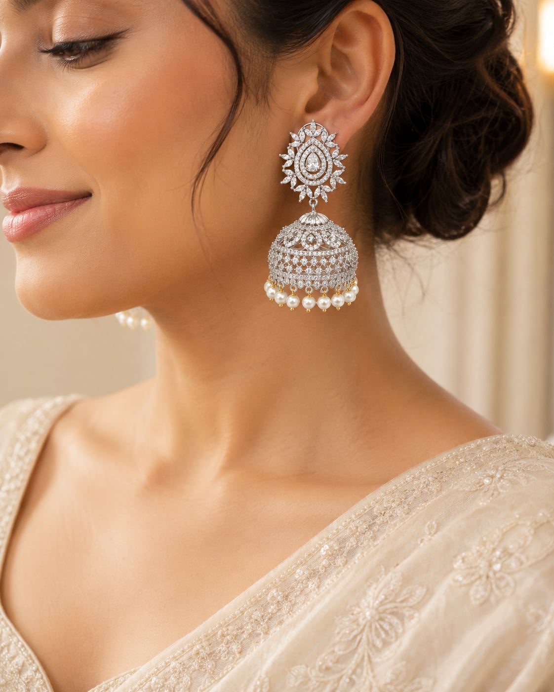 Oval Halo Silver Rhodium CZ Jhumka Earrings with Pearl Look Drops - model styling view – view 2