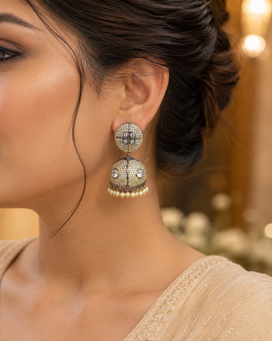 Two-Tone Victorian-Style CZ Jhumka Earrings with Pearl-Look Fringe – pearl-look jhumka earrings styled with Indian – view 2