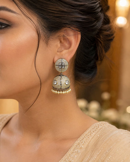 Two-Tone Victorian-Style CZ Jhumka Earrings with Pearl-Look Fringe – pearl-look jhumka earrings styled with Indian – view 2