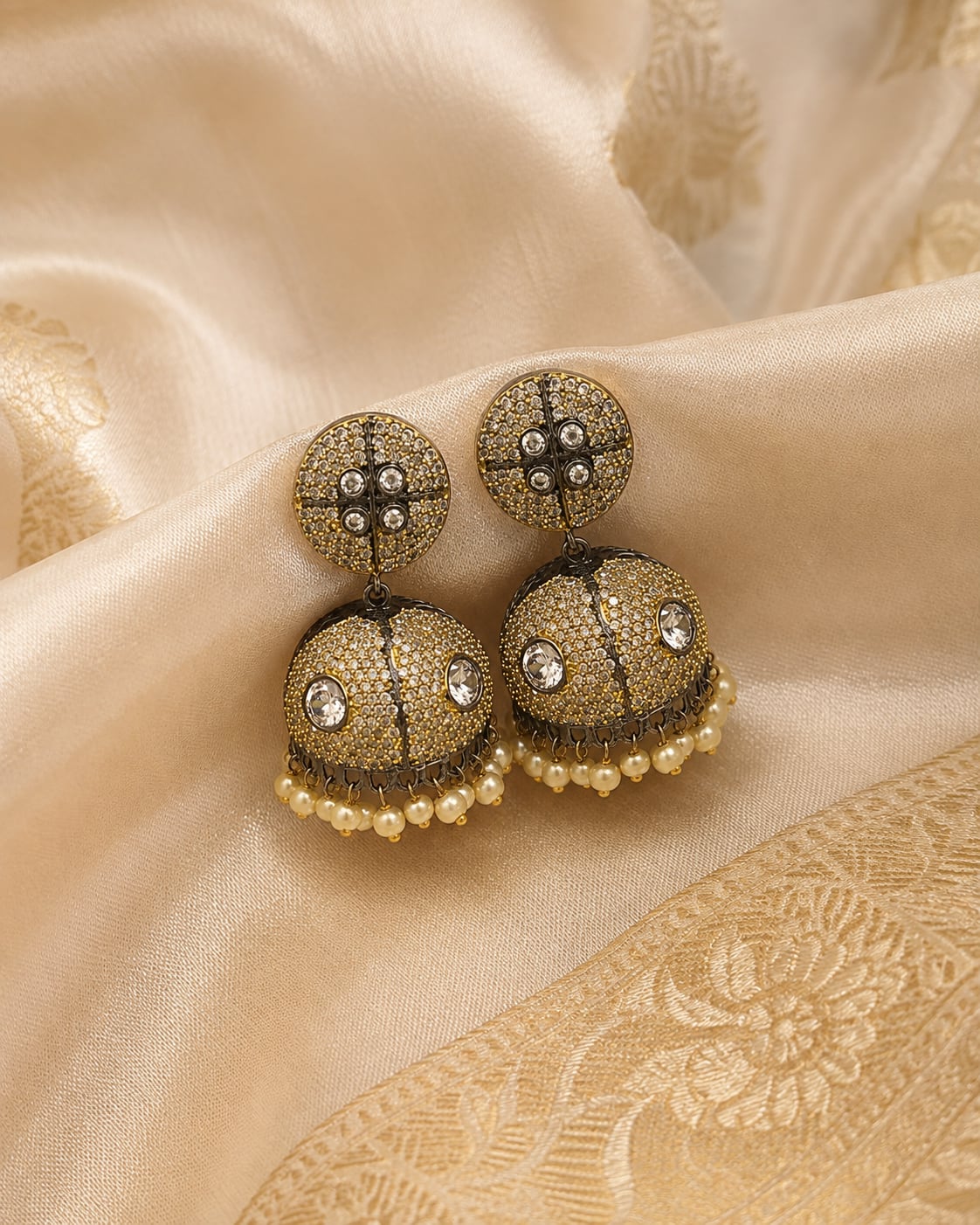 Two-Tone Victorian-Style CZ Jhumka Earrings with Pearl-Look Fringe – pearl-look jhumka earrings styled with saree – view 3