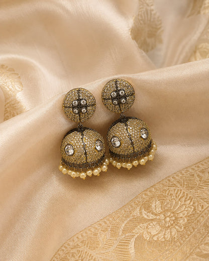 Two-Tone Victorian-Style CZ Jhumka Earrings with Pearl-Look Fringe – pearl-look jhumka earrings styled with saree – view 3