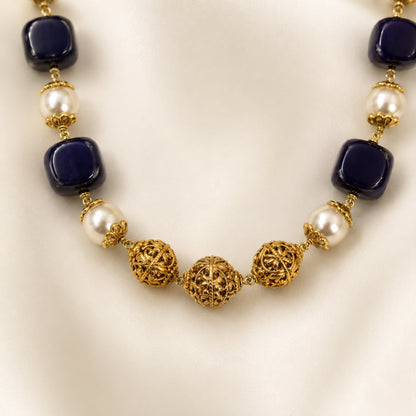 Navy Blue Cube Bead and Pearl-Look Necklace – Close-up of navy blue beads and pearl-look accents with – view 4