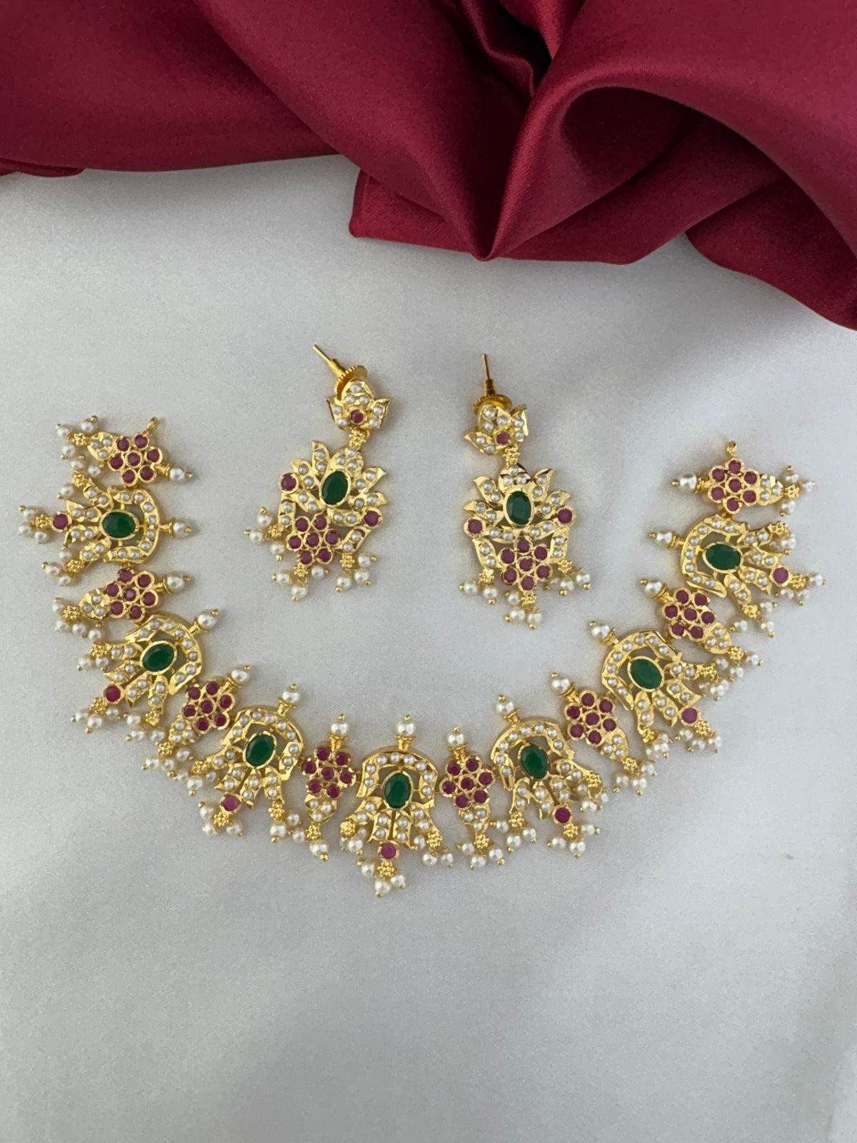 Pearl-Look Saree Necklace Set with Ruby and Emerald Accents – Aura of Elegance Ruby & Emerald Necklace Set with – front view