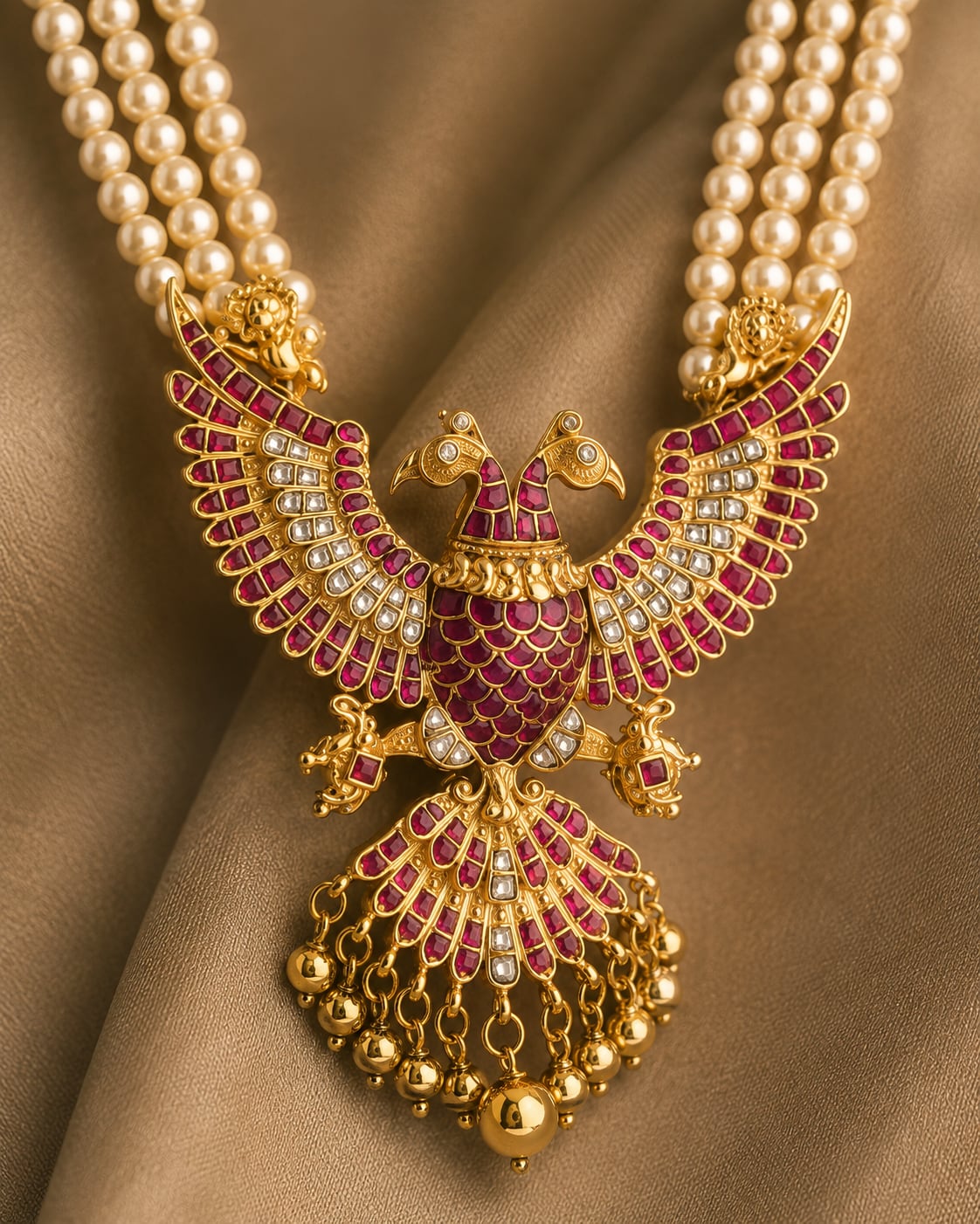 pearl-look strand peacock jadau kundan long haram necklace close-up of kundan stones and jadau work – view 3
