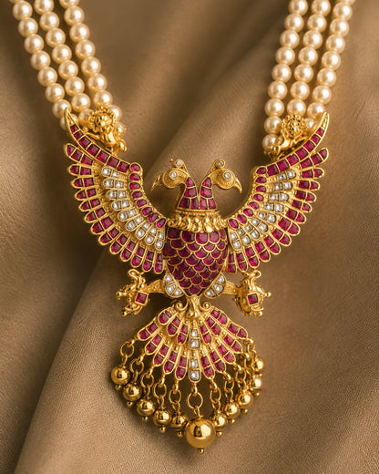 pearl-look strand peacock jadau kundan long haram necklace close-up of kundan stones and jadau work – view 3