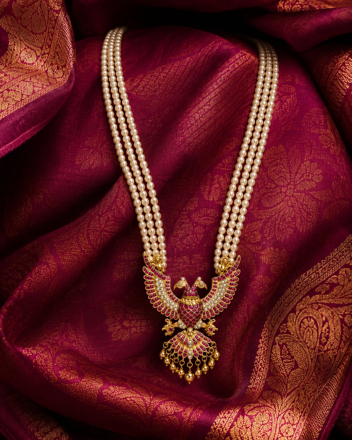 pearl-look strand peacock jadau kundan long haram necklace on jewellery display – view 2