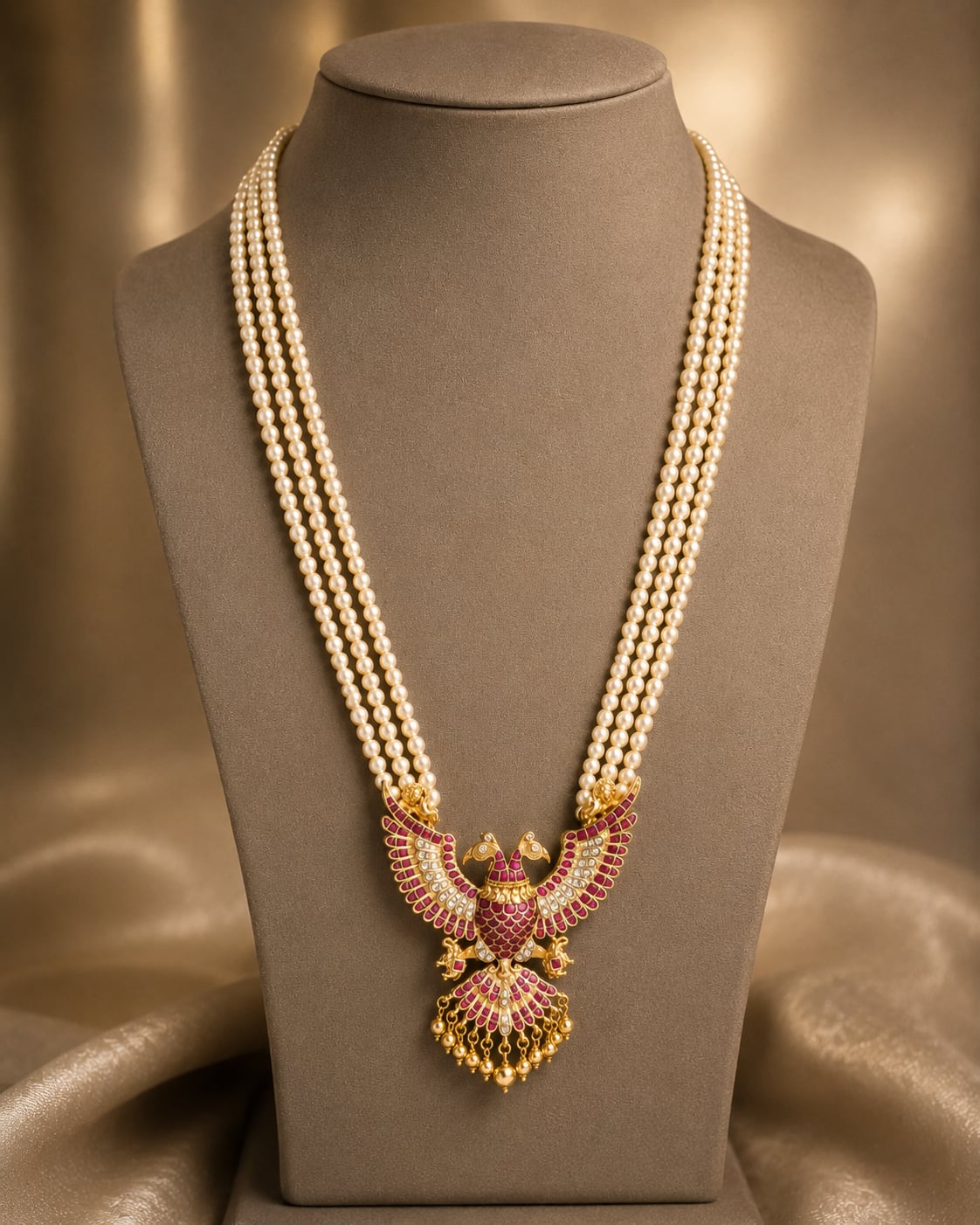 pearl-look strand peacock jadau kundan long haram necklace for pattu saree styling – front view