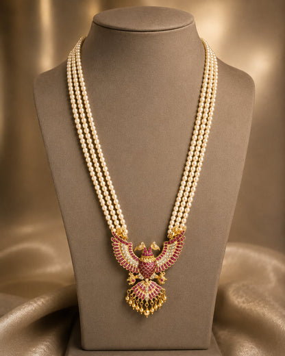 pearl-look strand peacock jadau kundan long haram necklace for pattu saree styling – front view