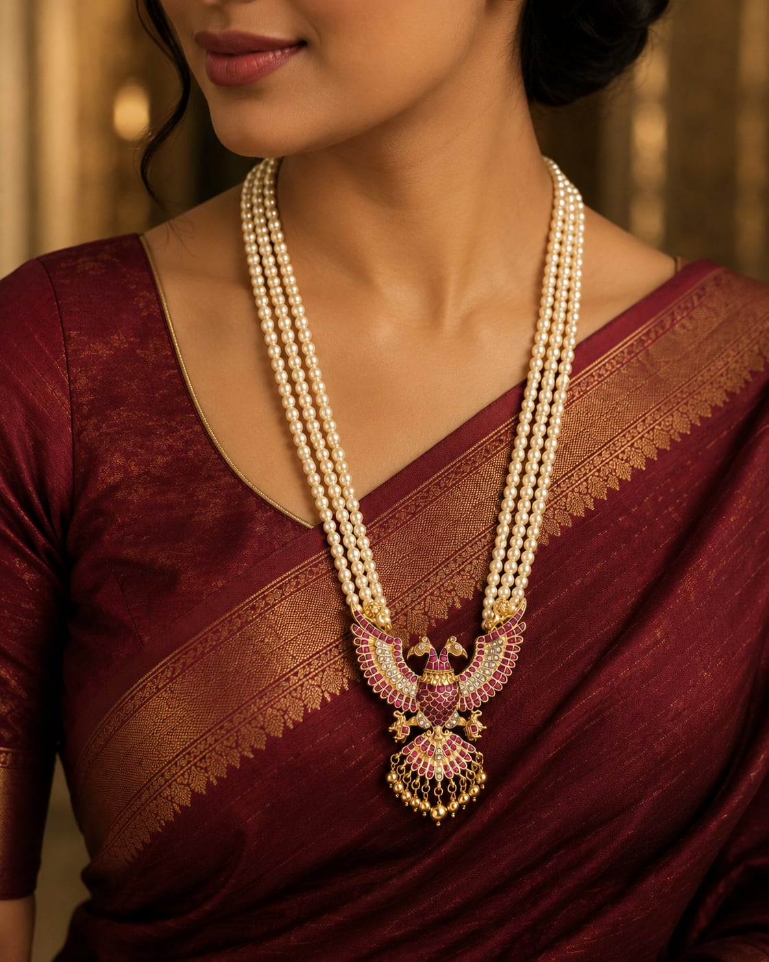 pearl-look strand peacock jadau kundan long haram necklace styled with saree fabric – view 4