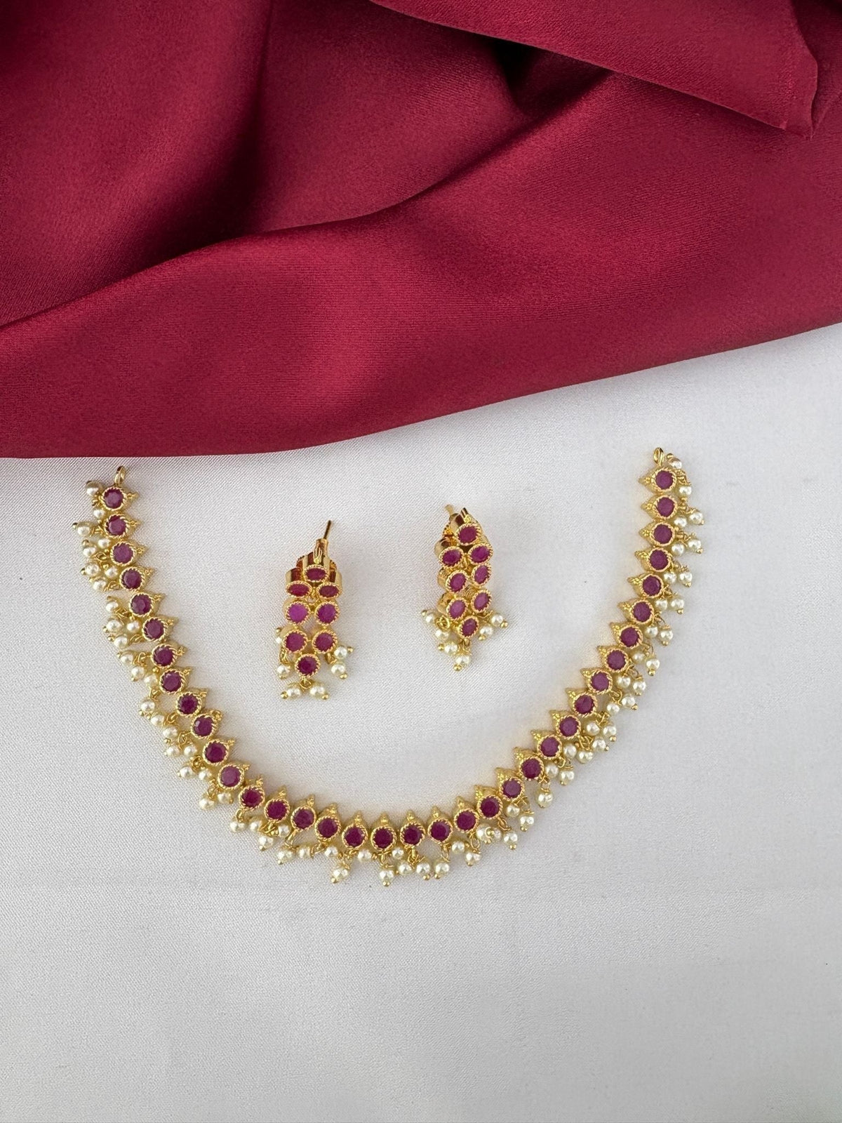 Radiant Ruby CZ Short Necklace Set for Andhra Brides – Radiant Ruby-Tone CZ Short Necklace Set for Andhra Brides – front view