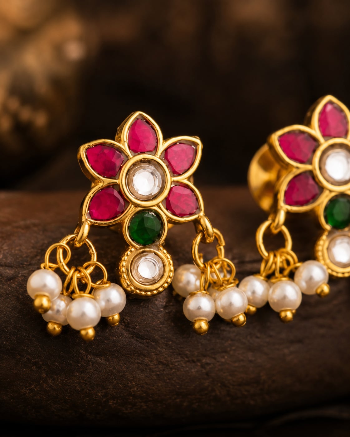 Jadau Kundan Pearl-Look Drop Bugudi Ear Ornaments for Festive Ear Styling – jadau kundan bugudi gold-polished detail – view 4