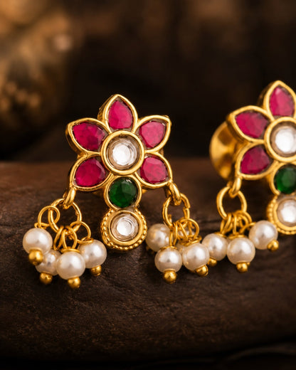 Jadau Kundan Pearl-Look Drop Bugudi Ear Ornaments for Festive Ear Styling – jadau kundan bugudi gold-polished detail – view 4