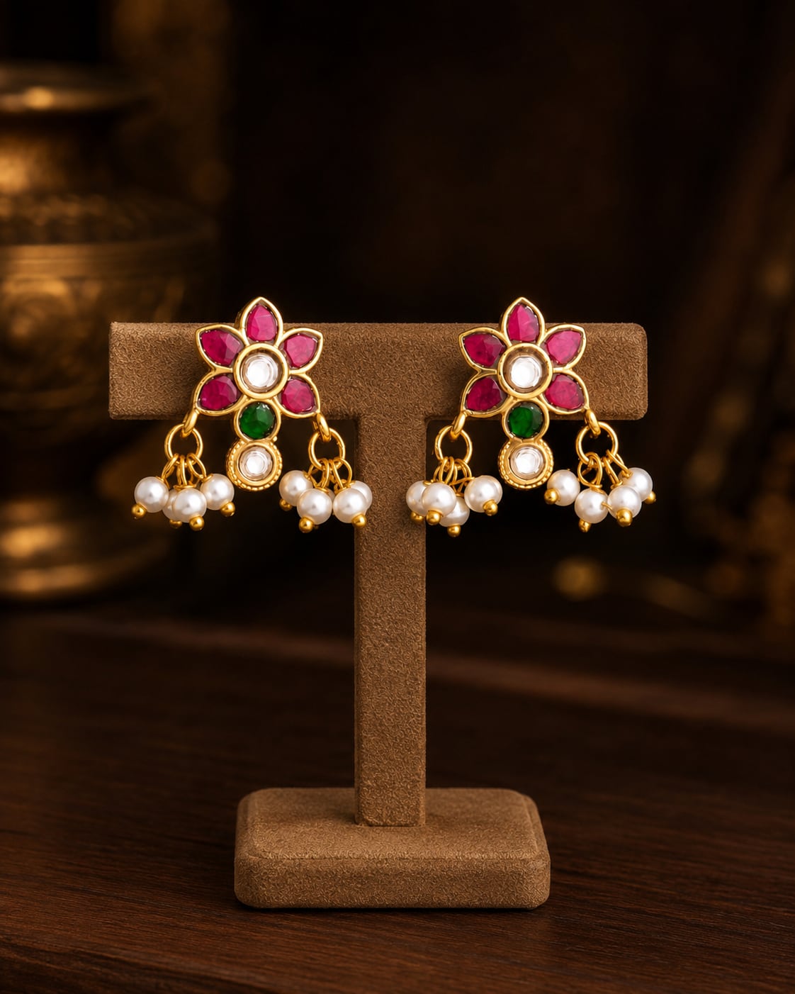 Jadau Kundan Pearl-Look Drop Bugudi Ear Ornaments for Festive Ear Styling – jadau kundan bugudi on jewellery – front view