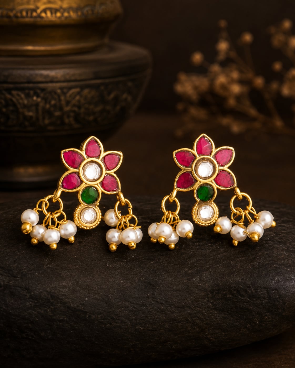 Jadau Kundan Pearl-Look Drop Bugudi Ear Ornaments for Festive Ear Styling – jadau kundan bugudi for Indian occasion – view 5
