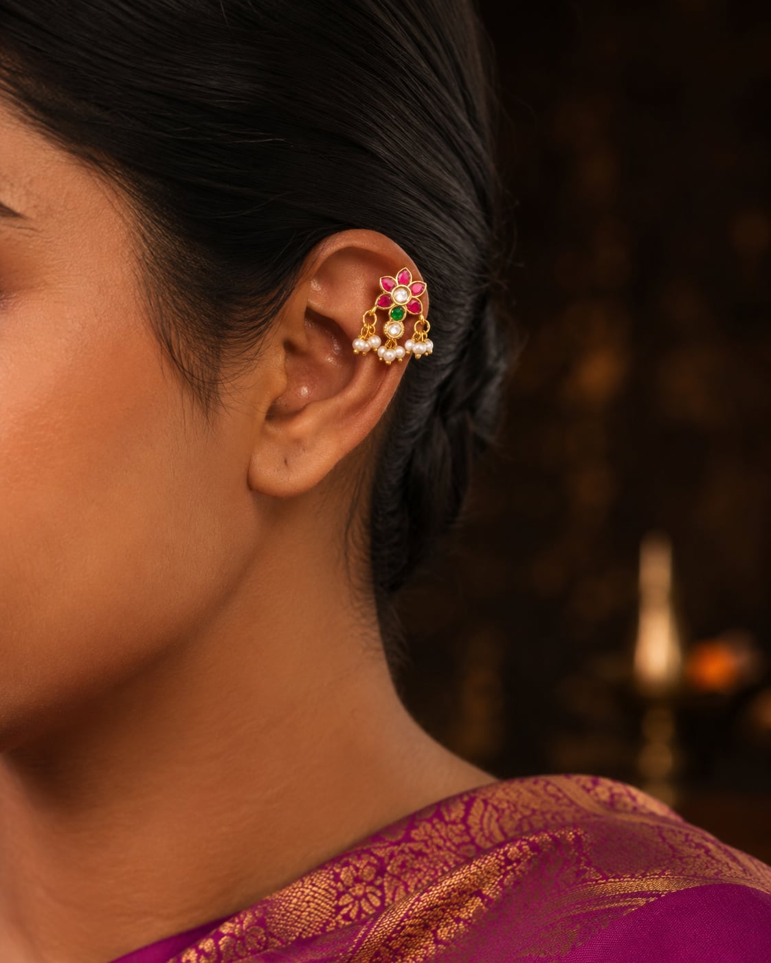 Jadau Kundan Pearl-Look Drop Bugudi Ear Ornaments for Festive Ear Styling – jadau kundan bugudi styled with Indian – view 2