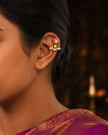 Jadau Kundan Pearl-Look Drop Bugudi Ear Ornaments for Festive Ear Styling – jadau kundan bugudi styled with Indian – view 2