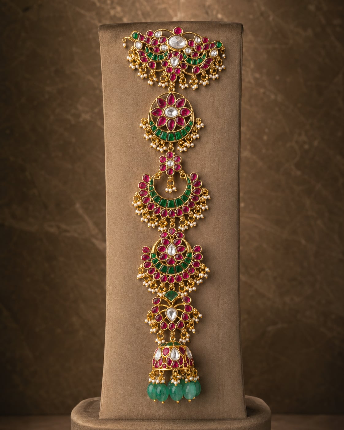 Crescent Motif Jadau Kundan Jada Choti – jadau kundan jada choti on jewellery display – front view