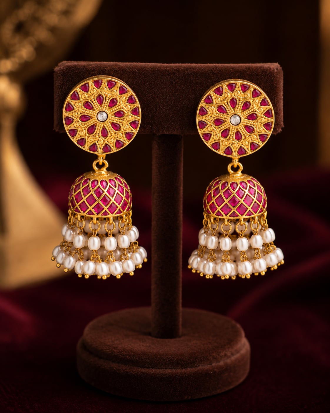 Jadau Kundan Floral Top Jhumka Earrings for Festive Looks – jadau kundan jhumka earrings on jewellery display – view 5
