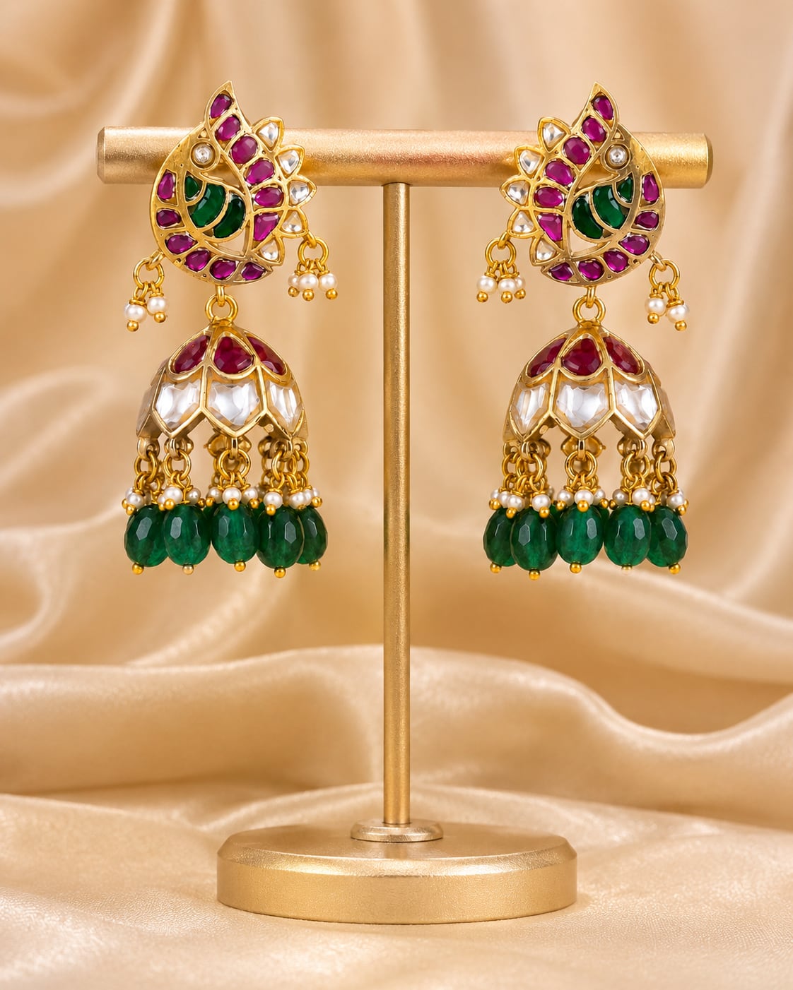 Jadau Kundan Small Drop Jhumka Earrings for Festive Looks – kundan-style jhumka earrings styled with Indian occasion – view 5